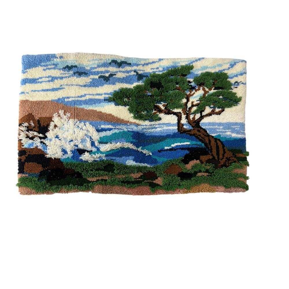 Vtg 1970s Finished Latch Hook Rug Large Coastal Scenic Landscape Fiber Wall Art